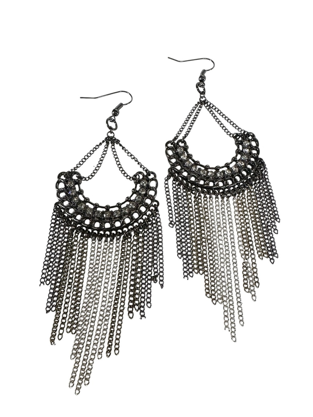 Dark Silver Tones Ombre Chain Tiered Earrings / Dangle Style with Rhinestones